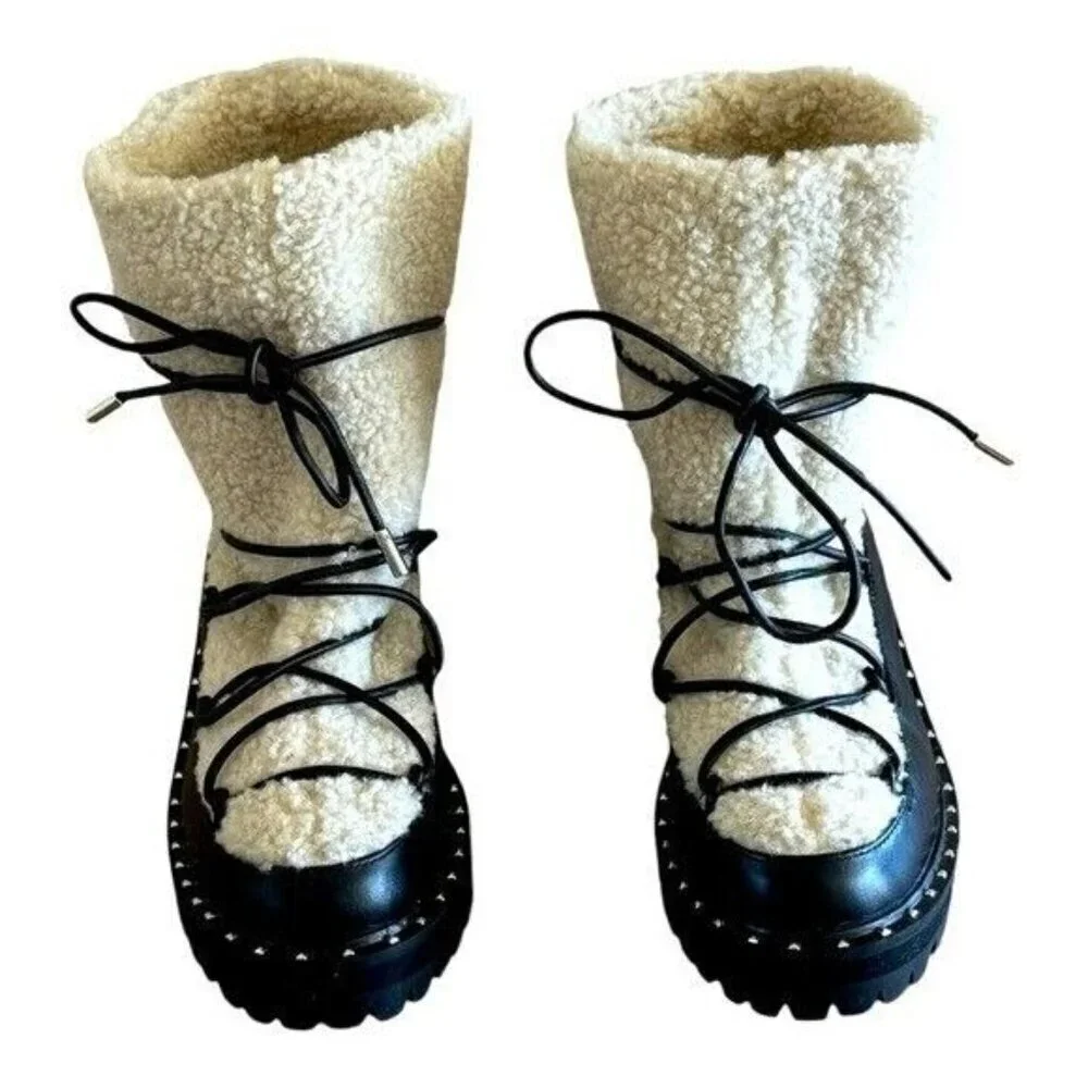 AQUA Fuzz Women’s Leather Lug Sole Sherpa Lace Up Winter Boot Black Size 6.5